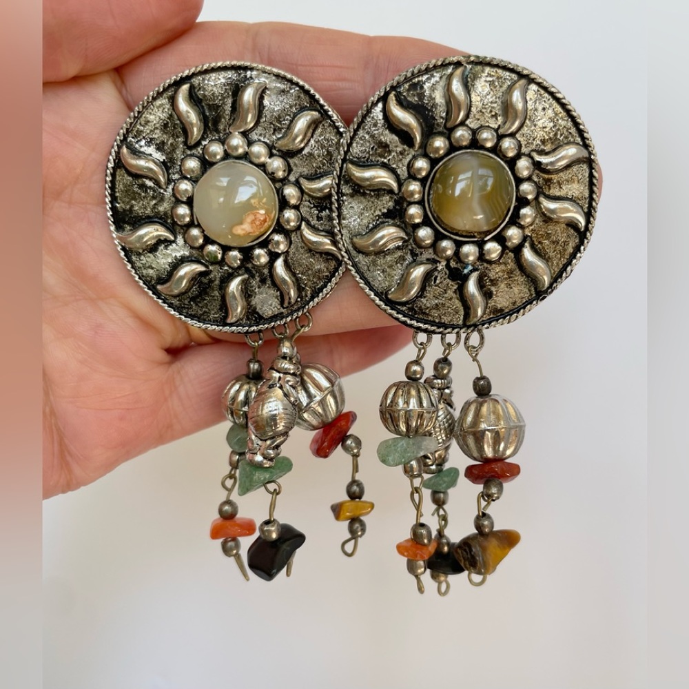 Vtg 80s Large Round Sun Saucer Natural Stones Dangle Pierced Earrings